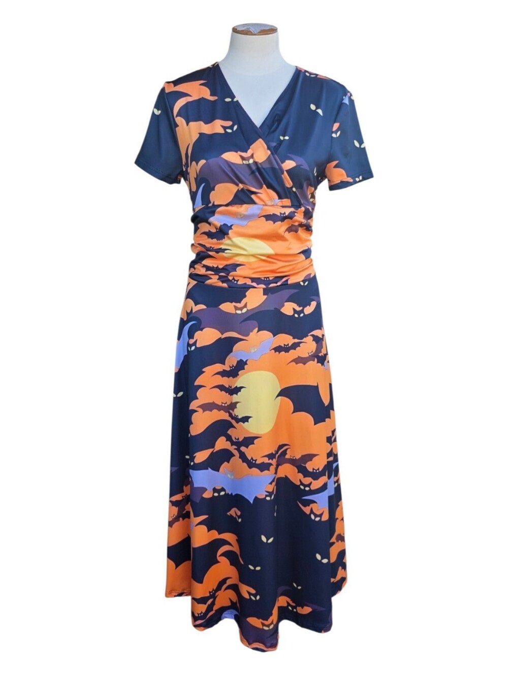 Halloween Bat Maxi Dress Ruched Cummerbund Waist Spooky Orange Black Womens XL